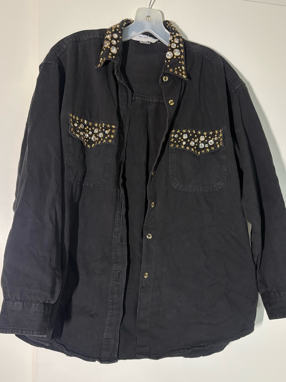 Vintage Grunge Black Denim Jacket / Shirt with Gold and Gem Star Studs